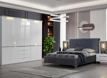 White -Gray Bedroom Furniture Textile Bed Bedside table Wardrobe 4pcs